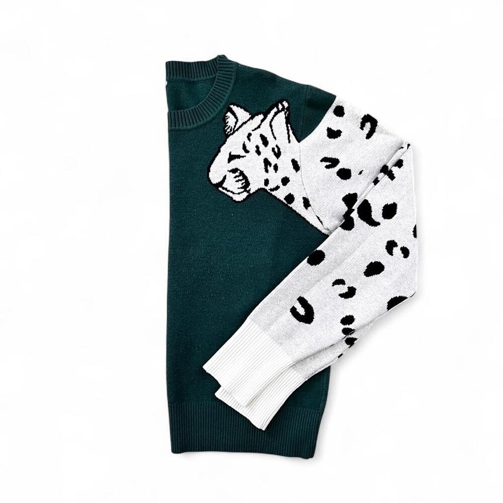 Leopard Graphic Knit Sweater Green Statement Animal Print Crewneck Women’s Small